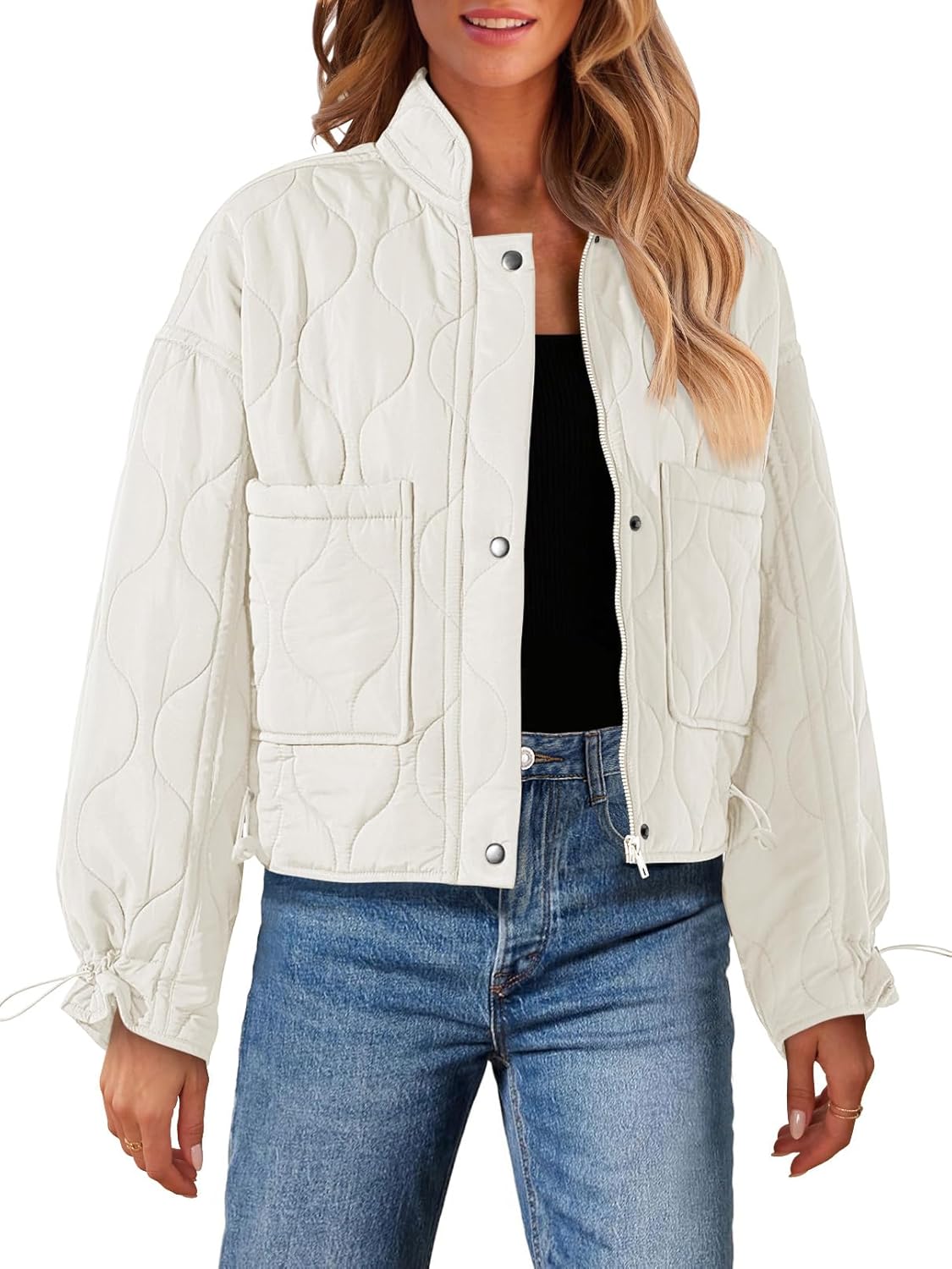 Women Cropped Zip-Up Bomber Jackets Warm Quilted Long Sleeve Stand Neck Winter Coats