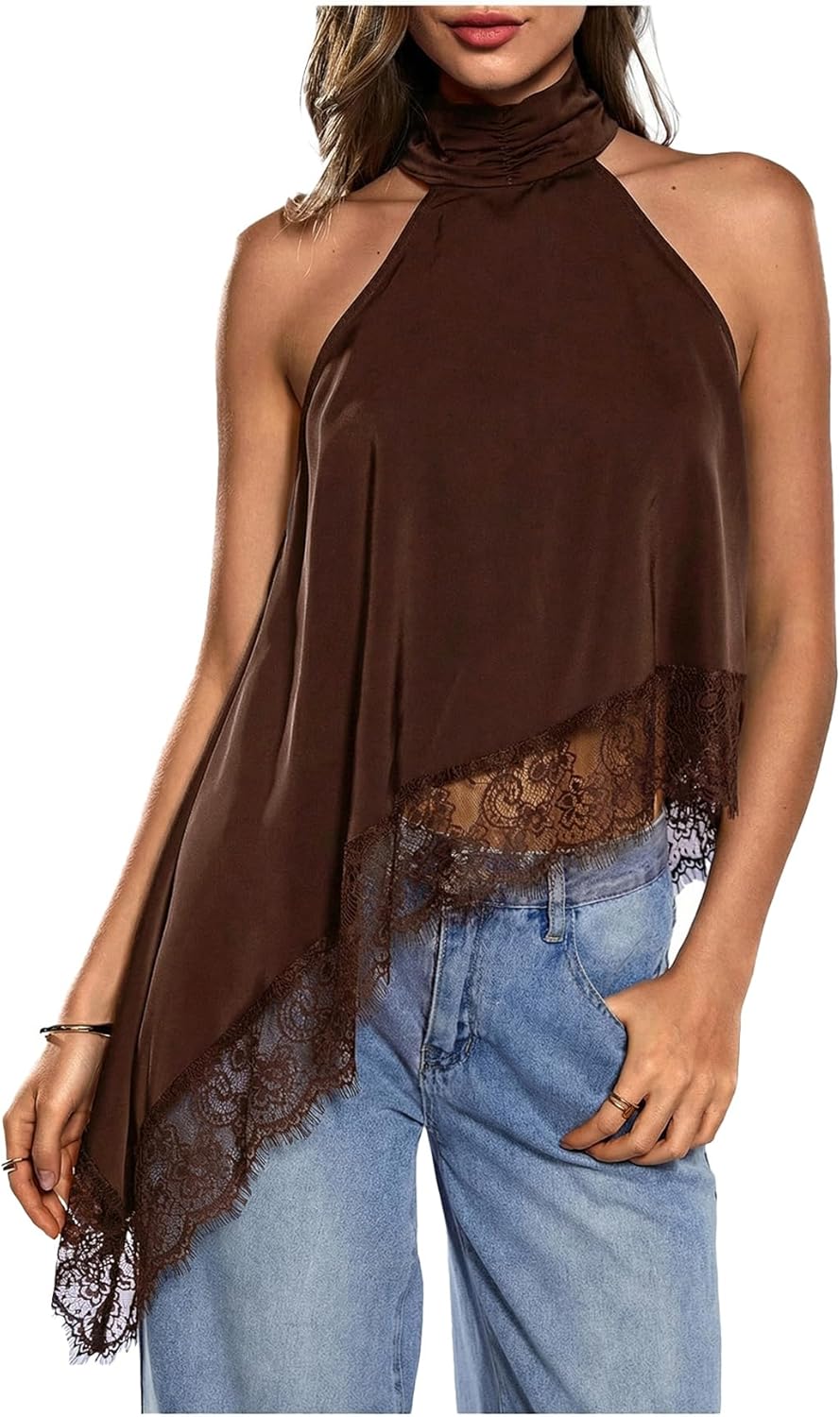 Women Halter Neck Sleeveless Top Lace Asymmetrical Hem Summer Going Out Tank Tops