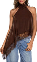 Women Halter Neck Sleeveless Top Lace Asymmetrical Hem Summer Going Out Tank Tops