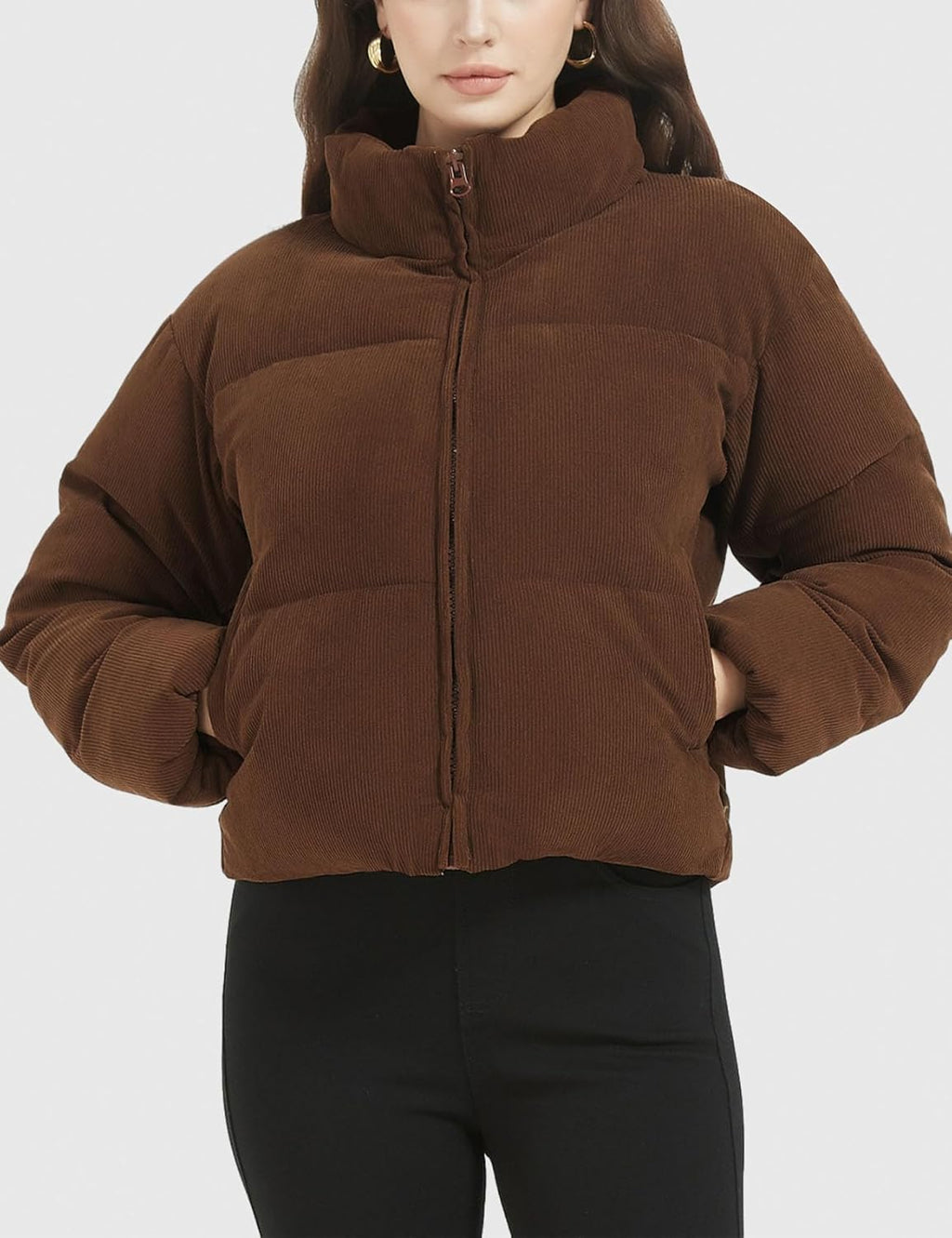 WomenCropped Corduroy Puffer Jacket Winter Jackets Warm Long Sleeve Zip Quilted Down Puffer coat