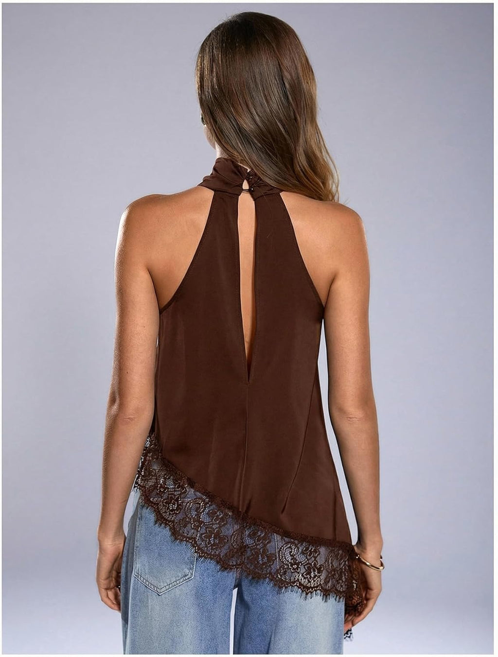 Women Halter Neck Sleeveless Top Lace Asymmetrical Hem Summer Going Out Tank Tops