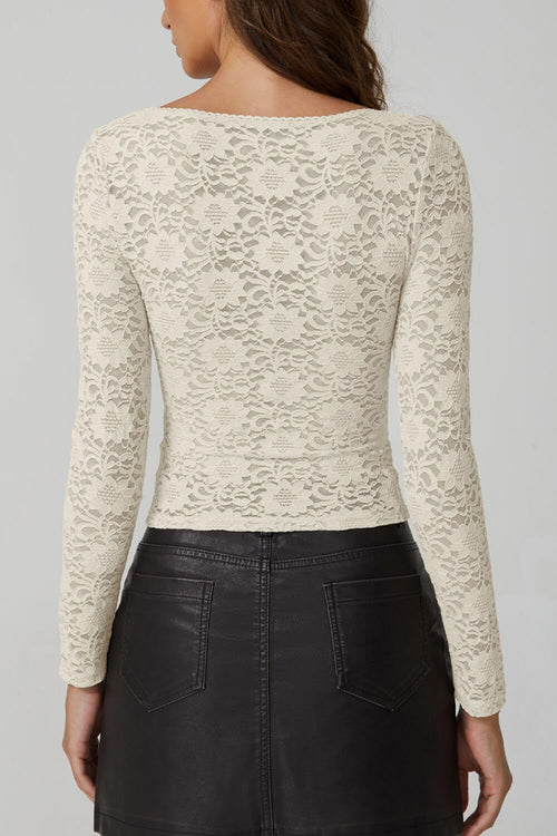 Chic Floral Lace Crop Tops for Women Slimming Fit Long Sleeve Square Neck Going Out Basic Shirts
