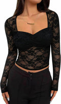 Women Sexy Sheer Mesh Tops Floral Lace Long Sleeve Shirts Low Cut Slim Fitted Outfits See Through Going Out Blouses