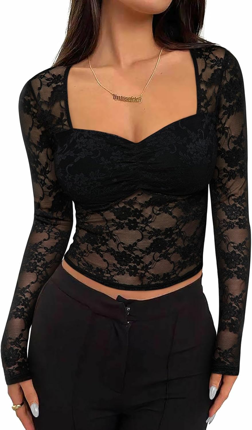 Women Sexy Sheer Mesh Tops Floral Lace Long Sleeve Shirts Low Cut Slim Fitted Outfits See Through Going Out Blouses