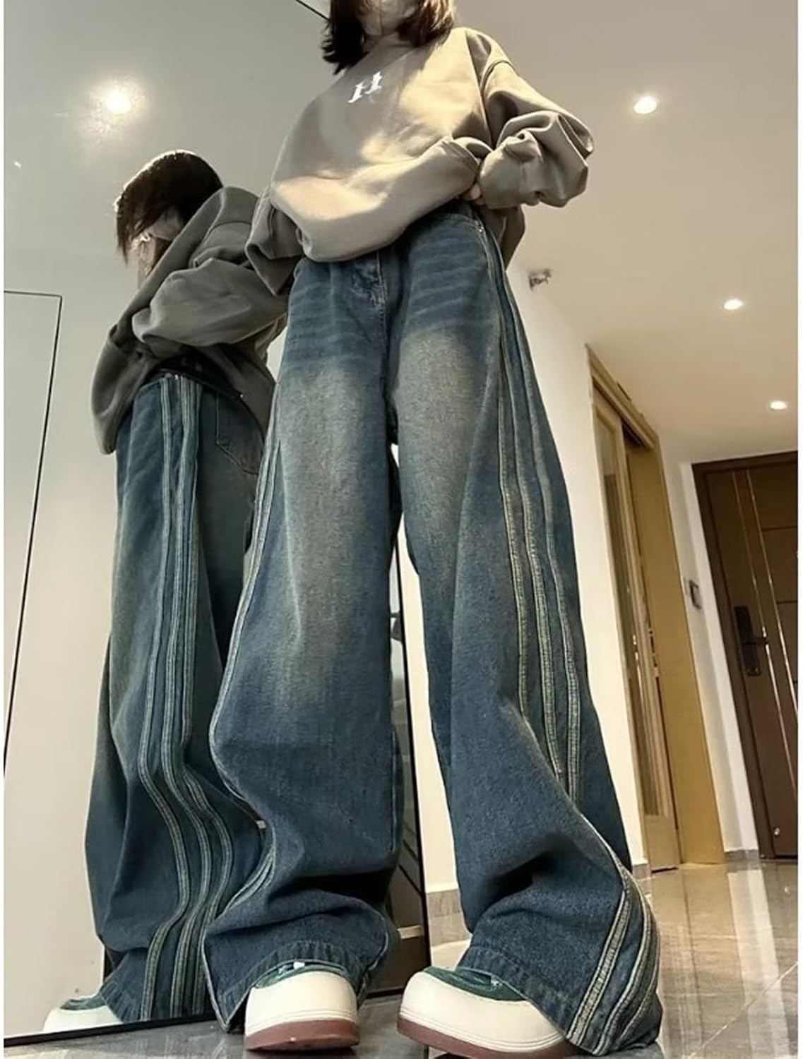 Women Jeans Hip-hop Street Retro Lines Wide Leg Pants Casual Loose Straight Leg Pants Gothic Jeans
