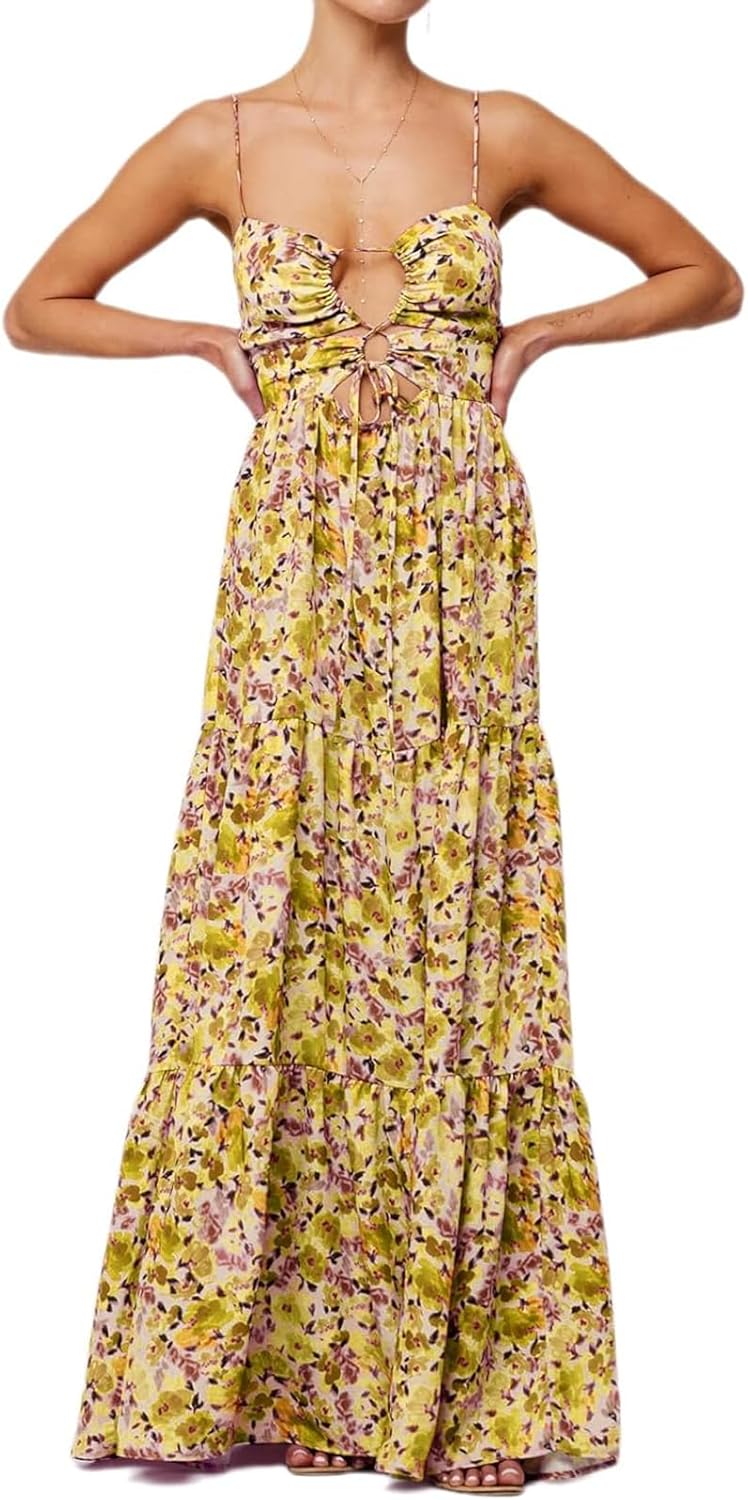 Women Summer Floral Spaghetti Strap Backless Low Cut Smocked Milkmaid Flowy Beach Sundresses