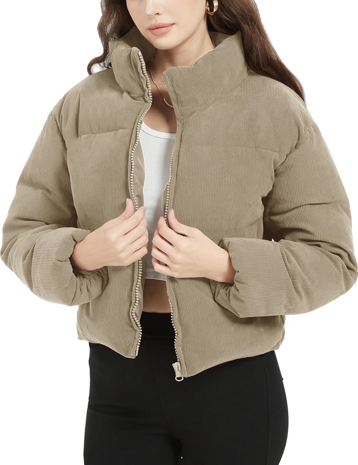 WomenCropped Corduroy Puffer Jacket Winter Jackets Warm Long Sleeve Zip Quilted Down Puffer coat