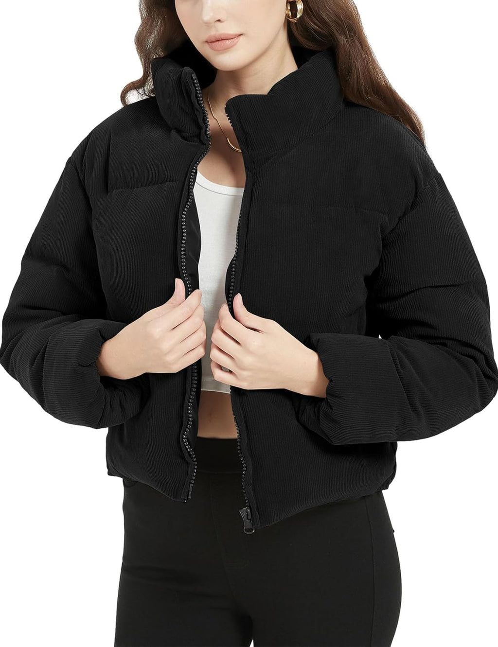 WomenCropped Corduroy Puffer Jacket Winter Jackets Warm Long Sleeve Zip Quilted Down Puffer coat