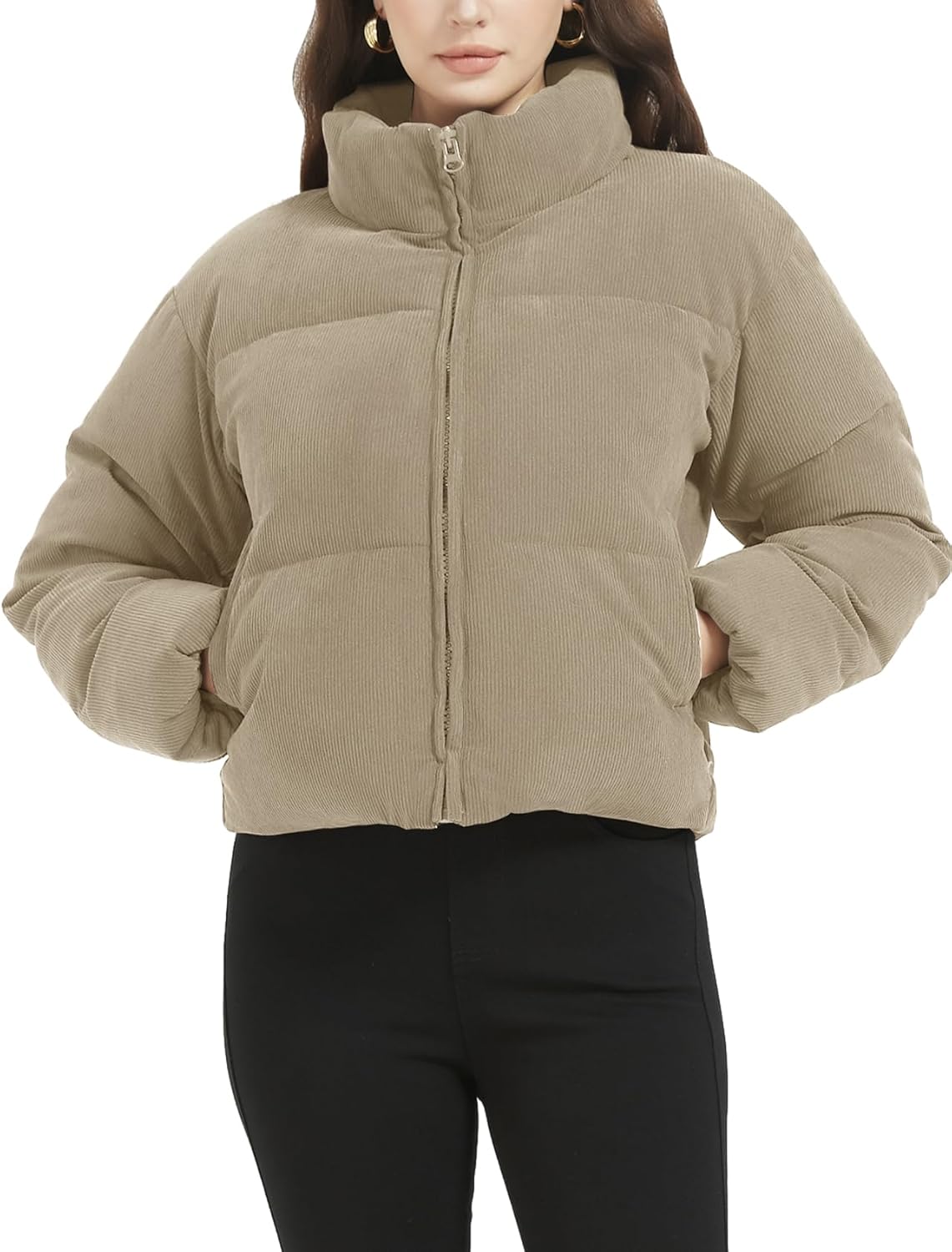 WomenCropped Corduroy Puffer Jacket Winter Jackets Warm Long Sleeve Zip Quilted Down Puffer coat