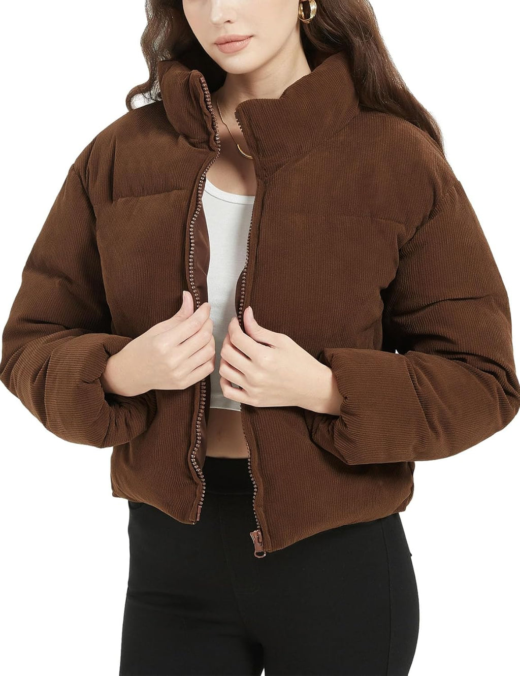 WomenCropped Corduroy Puffer Jacket Winter Jackets Warm Long Sleeve Zip Quilted Down Puffer coat