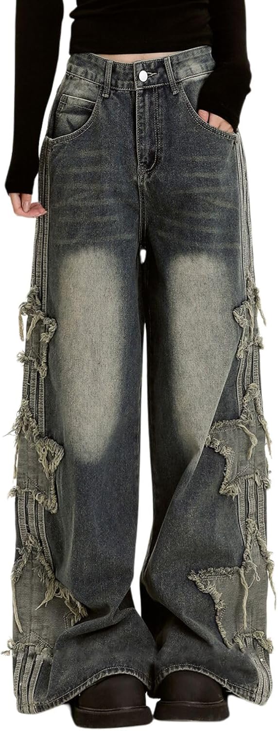 Jeans for Woman Girls Star Patchwork High Waist Cute Jeans  Streetwear Loose Pants Grunge  Clothing
