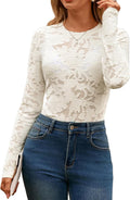 Women Mesh Long Sleeve Tops Lace See Through Sexy Crew Neck Eyelet Shirts Party Floral Club Dressy Blouse