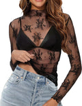 Mesh Long Sleeve Top for Women, Lace Sheer Tops See Through Mock Neck Floral Embroidery Sheer Blouce Fishnet Shirt