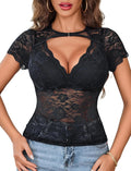 Women Lace Mesh Short Sleeve Top Floral Sheer See Through Blouse Sexy Tops